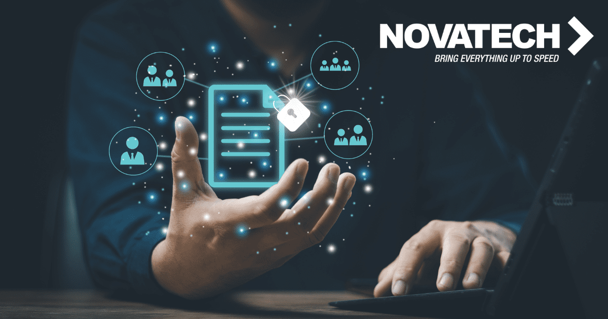 A person's hands are shown with a digital representation of a document, a lock, and user icons floating above them,