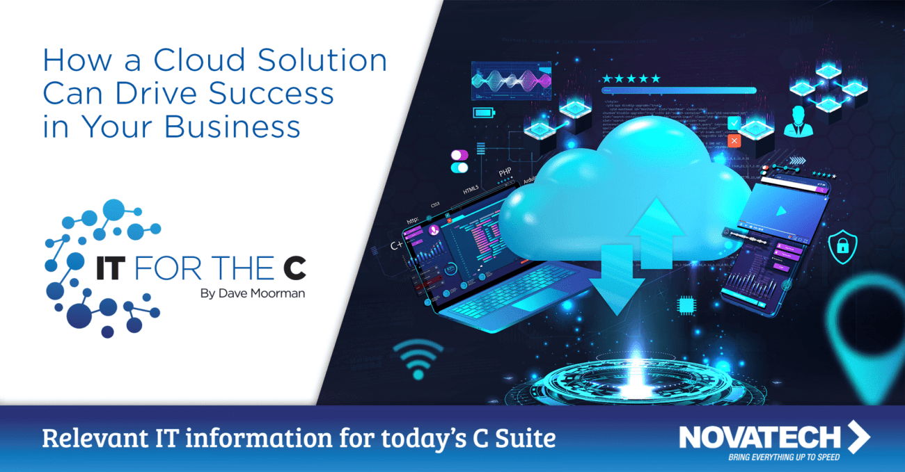 This graphic promotes a cloud solution for businesses, featuring a title about driving success, a logo, and a visual
