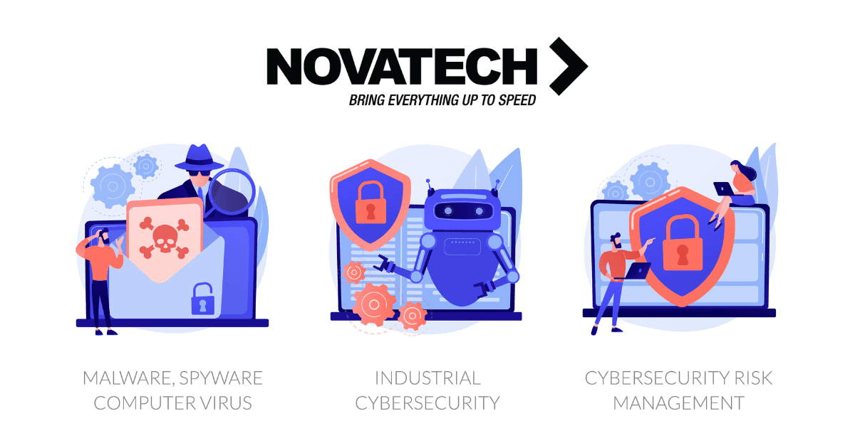 This image illustrates three cybersecurity concepts: malware, spyware, and computer viruses; industrial cybersecurity;
