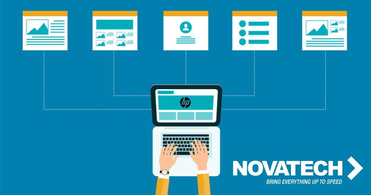 A laptop with the HP logo is connected to multiple web page interfaces, symbolizing data flow and integration, with the