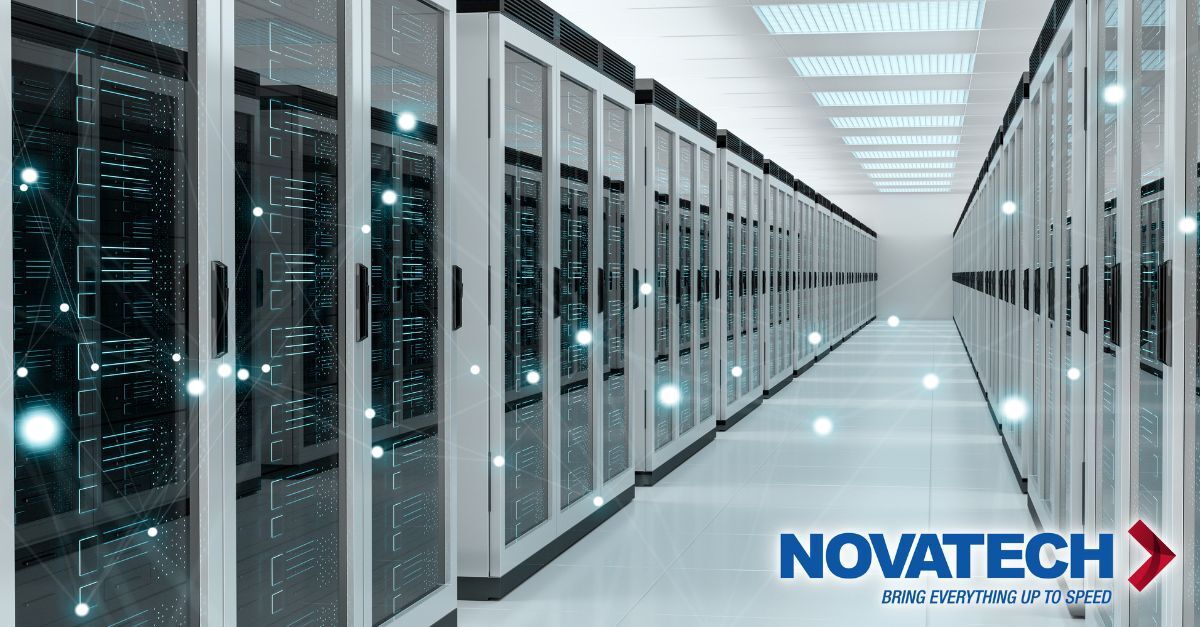 A futuristic data center hallway is filled with rows of server racks, overlaid with glowing digital network connections