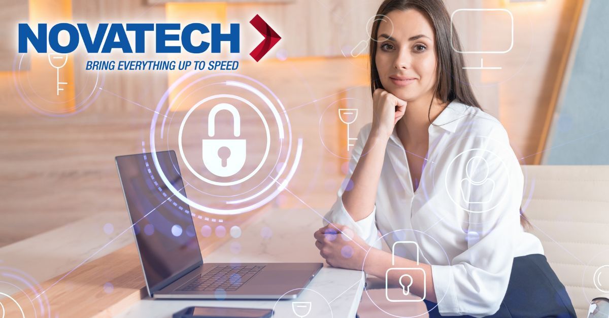 A professional woman sits at a desk with a laptop, surrounded by glowing digital security and network icons, with the