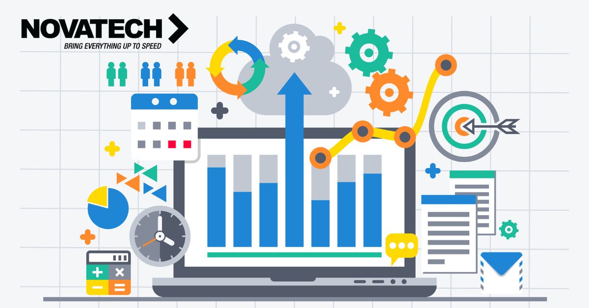 A vibrant illustration depicts a laptop displaying a bar chart, surrounded by various icons representing business