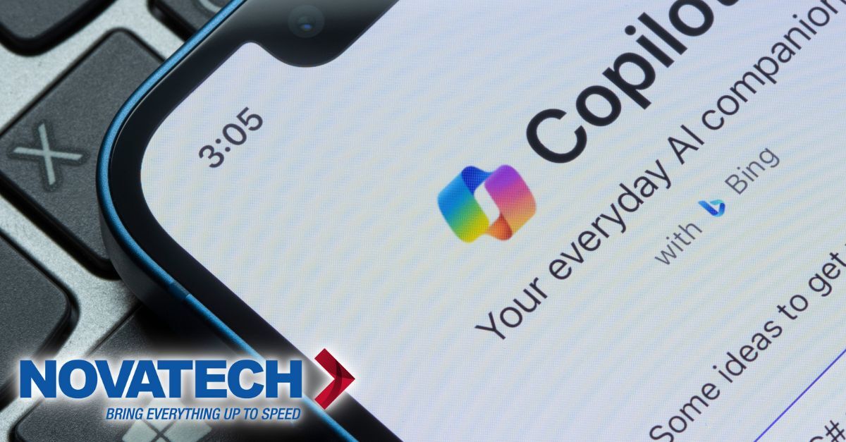 A smartphone screen displays the Copilot AI companion app with its logo and 