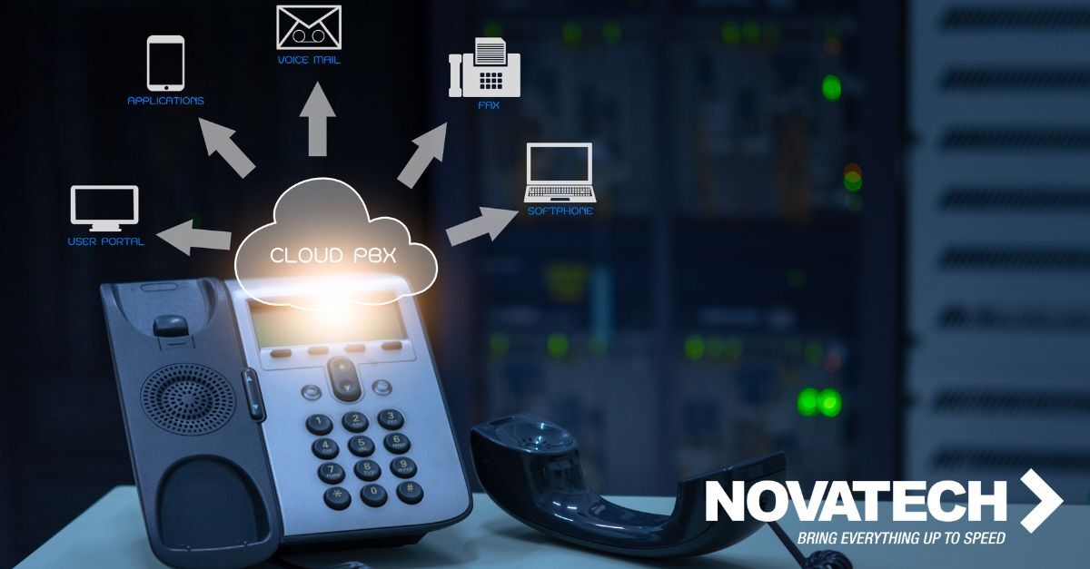 This image illustrates a Cloud PBX system connecting diverse communication tools like desk phones, applications,