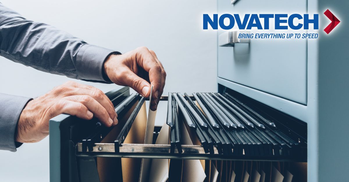 Hands are shown organizing files within an open filing cabinet drawer, with the Novatech logo and slogan 