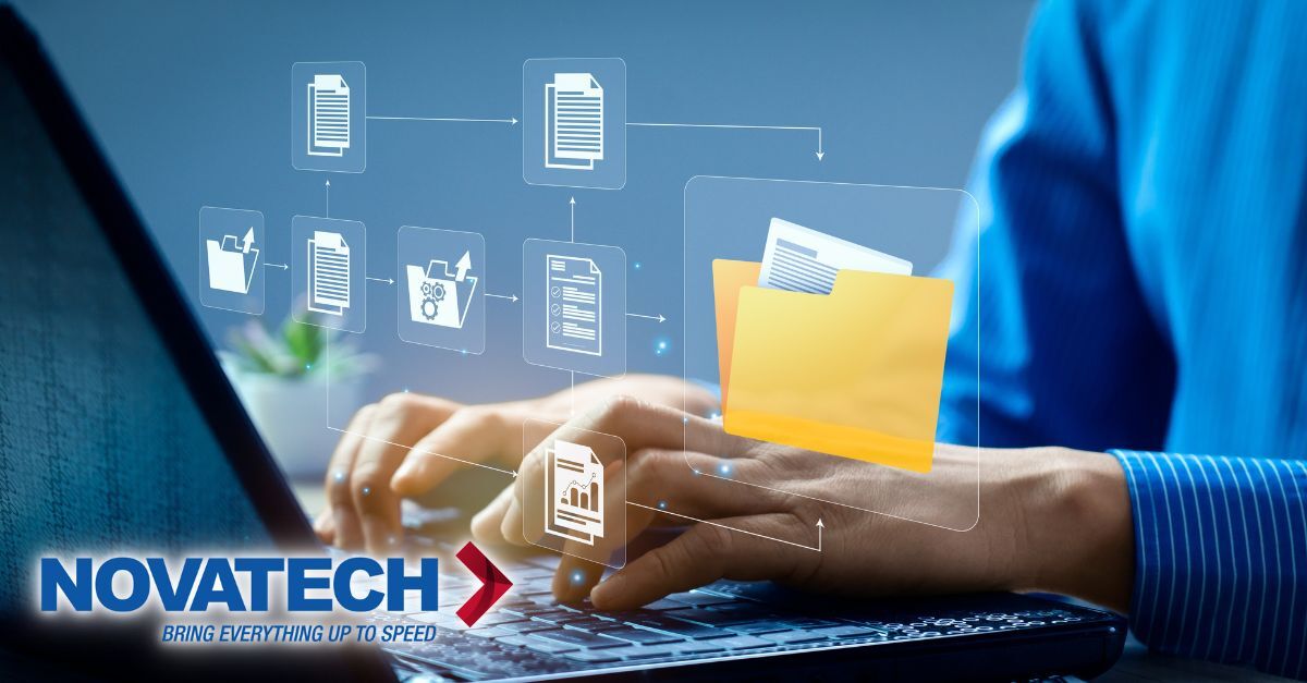 A person's hands type on a laptop keyboard, with a digital overlay illustrating a document management workflow
