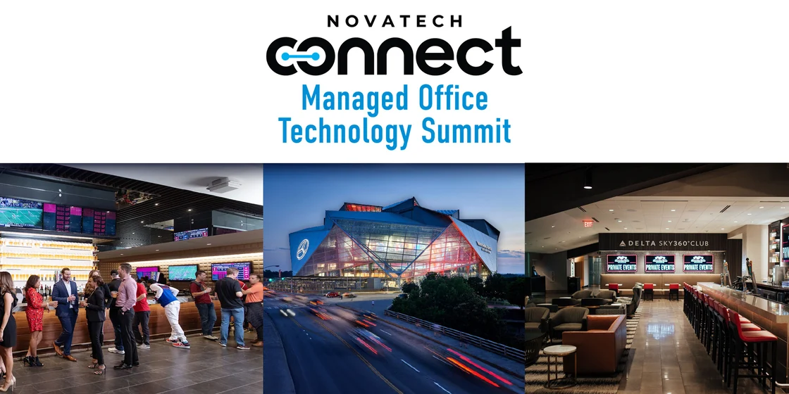 This image is an advertisement for the Novatech Connect Managed Office Technology Summit, featuring three scenes: a bar