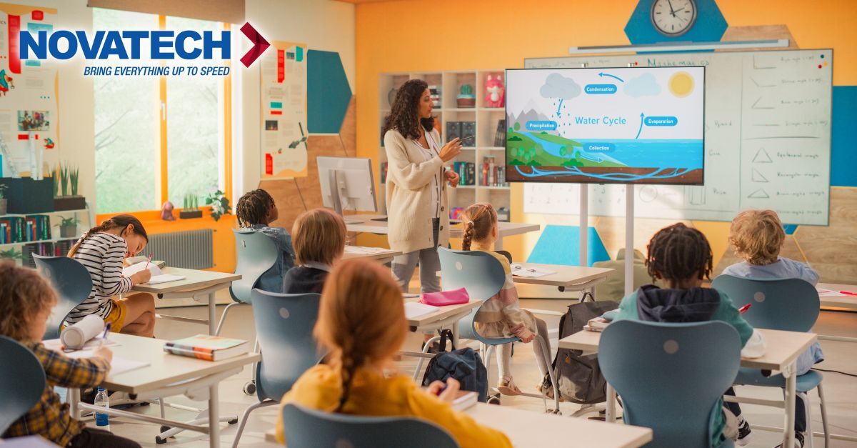 A teacher presents a water cycle diagram on a large screen to a class of young students in a bright, modern classroom.