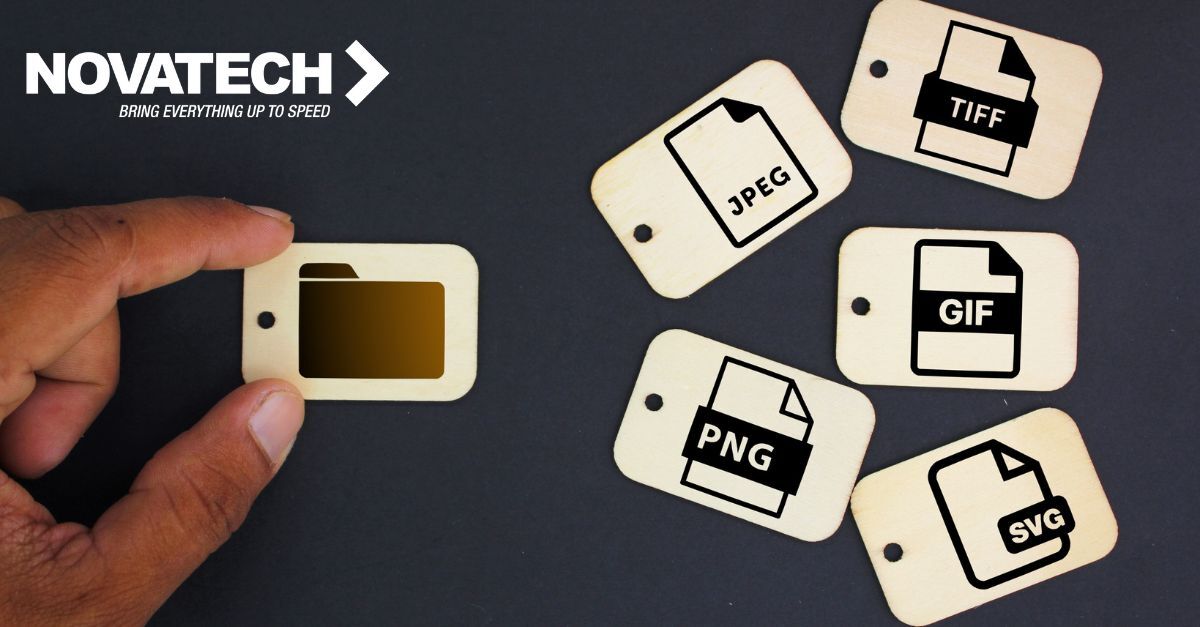 A hand holds a folder icon next to several tags representing common image file formats like JPEG, TIFF, GIF, PNG, and