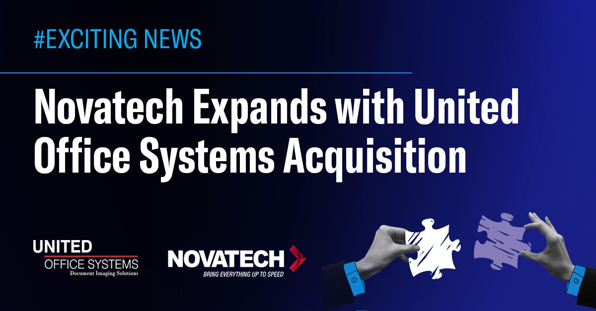 This image announces Novatech's acquisition of United Office Systems, symbolized by two hands holding puzzle pieces.