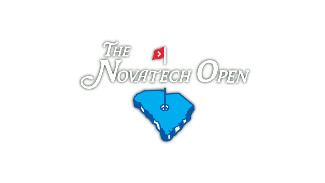 The logo for the Novatech Open golf tournament features the tournament name in white lettering against a dark green
