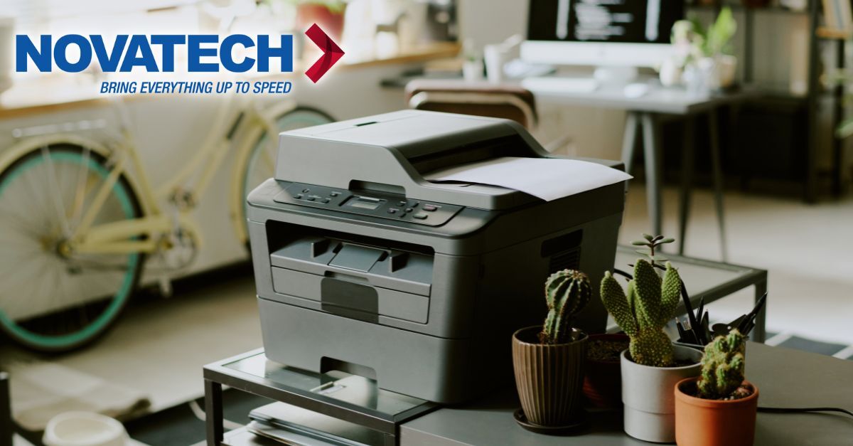 A Novatech logo is superimposed on a scene featuring a printer, a bicycle, and office furniture.