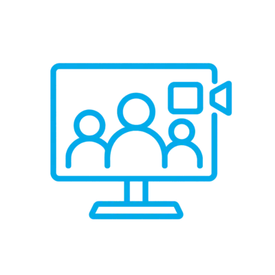 A computer monitor displays a video conference with three participants and a camera icon.