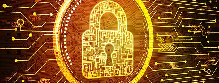 A glowing yellow padlock, formed by intricate circuit board patterns, is superimposed on a background of digital