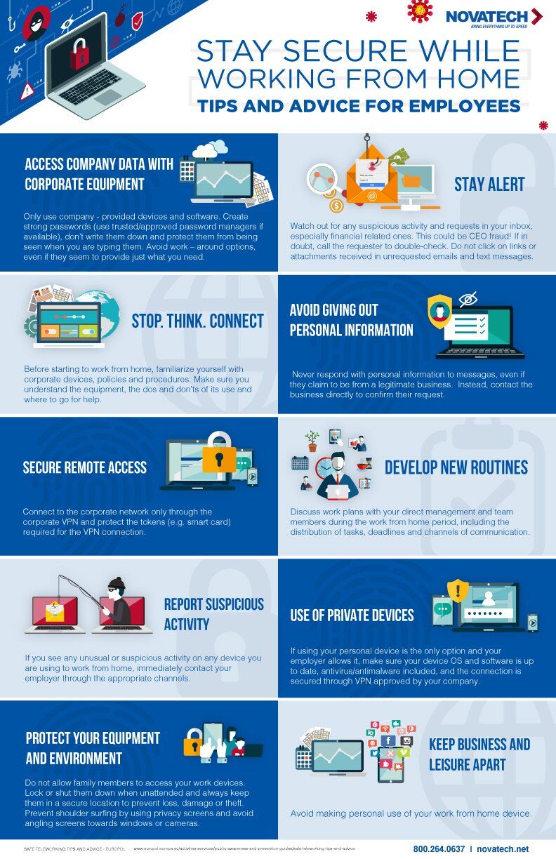 This infographic provides essential tips and advice for employees to stay secure while working from home.