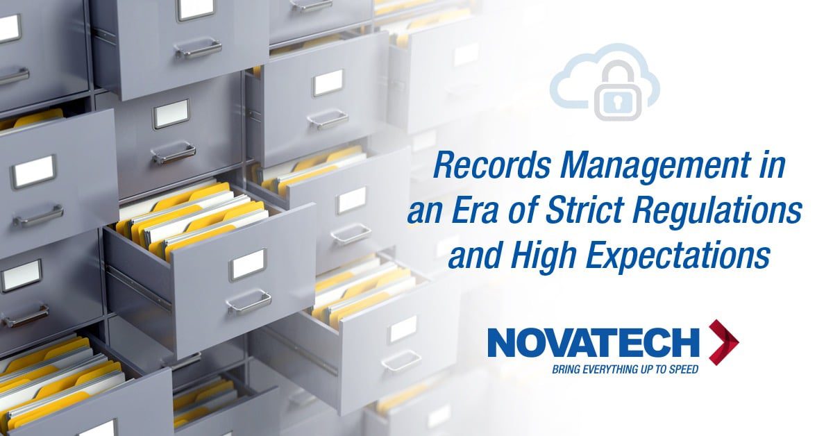 A filing cabinet filled with documents and a cloud with a lock symbol represent records management in an era of strict