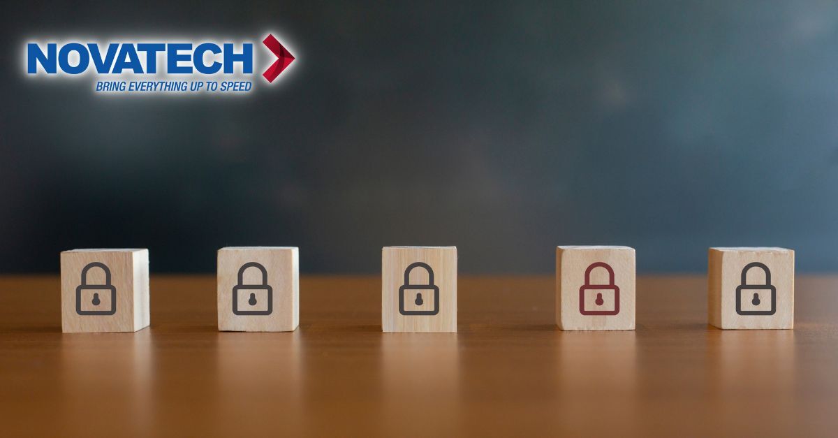 The Novatech logo is prominently displayed above a row of five wooden blocks, four featuring black padlock icons and