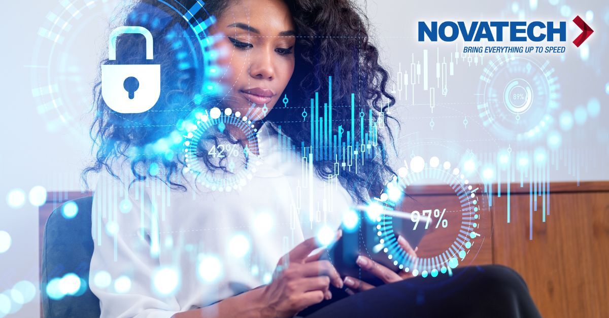 A woman uses a tablet with a futuristic, data-driven overlay featuring a padlock icon and progress indicators, set