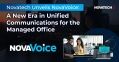 A promotional image for Novatech's NovaVoice unified communications solution, featuring a laptop, tablet, and desk
