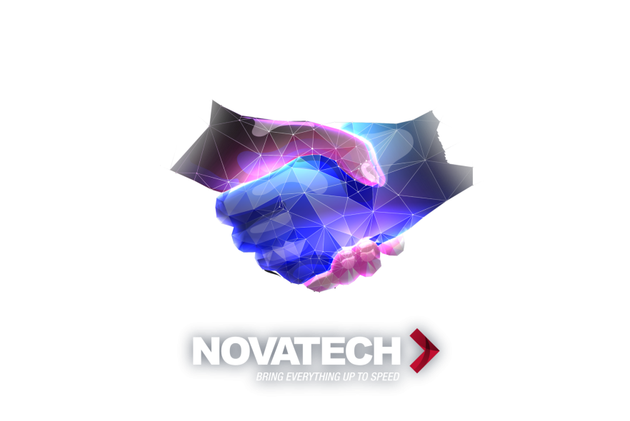 A stylized, glowing polygonal handshake, symbolizing digital connection or partnership, is prominently displayed above