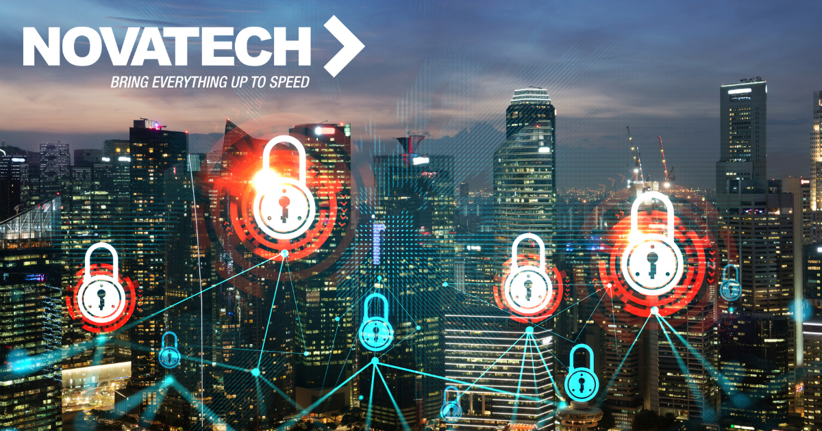 A cityscape at dusk is overlaid with digital security graphics, including padlocks and network lines, alongside the